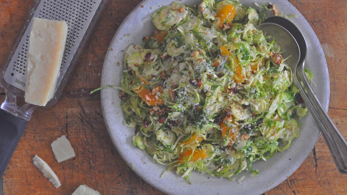 Brussels sprouts slaw with orange, cranberry and pecans is a crunchy, bright addition to your holiday table.