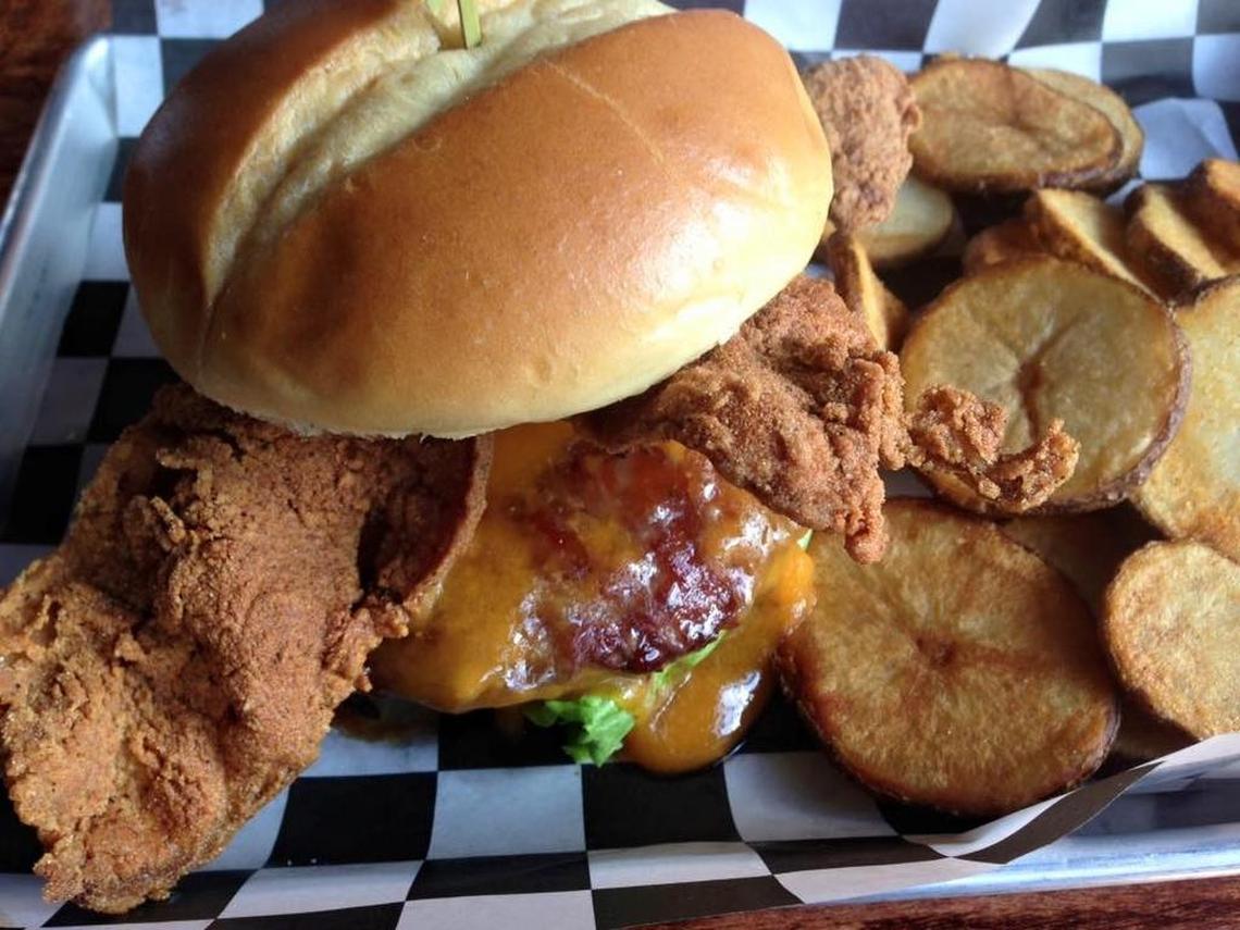 The fried bacon Thai burger at Pouring Glory Growler Fill Station & Grill in Fort Worth