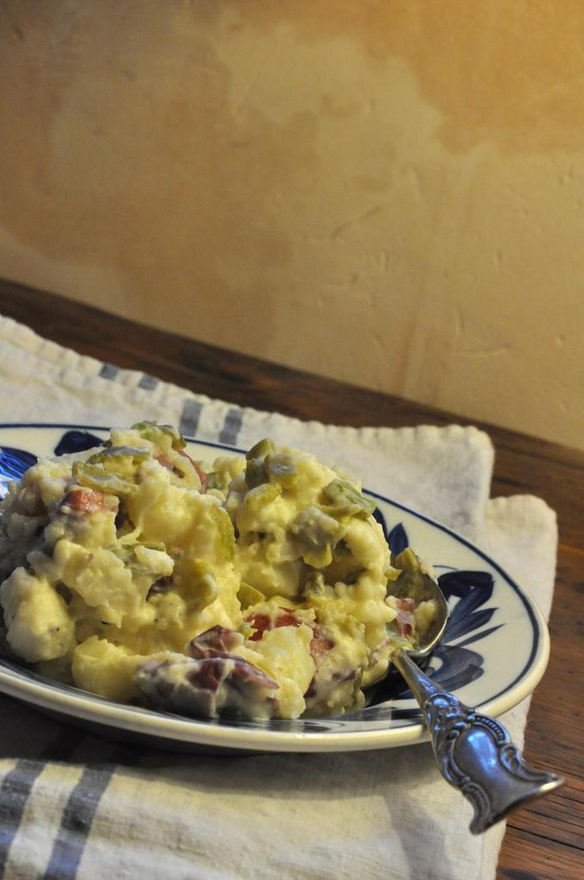 Green chile goat cheese smashed potatoes by columnist Ellise Pierce to accompany a piece on Hatch chiles. Smashed up potatoes with butter, cream, goat cheese and green chile â€" whatâ€™s not to love? Photographed on Monday, July 15, 2013. (Special to the Star-Telegram/Ellise Pierce)