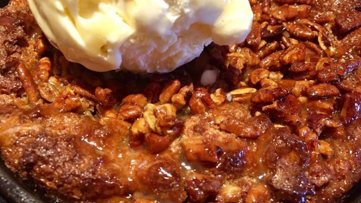 “Pecan pie” bread pudding at Saltgrass Steak House.