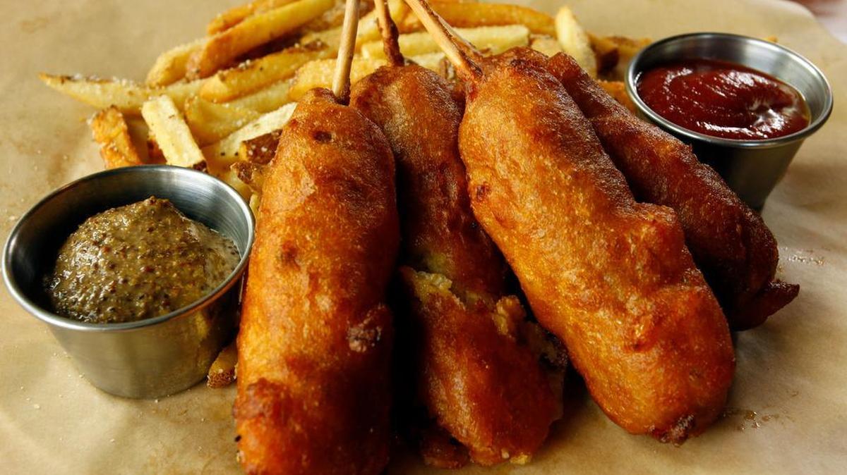 Mini beer brat corny dogs with fries from the Bearded Lady