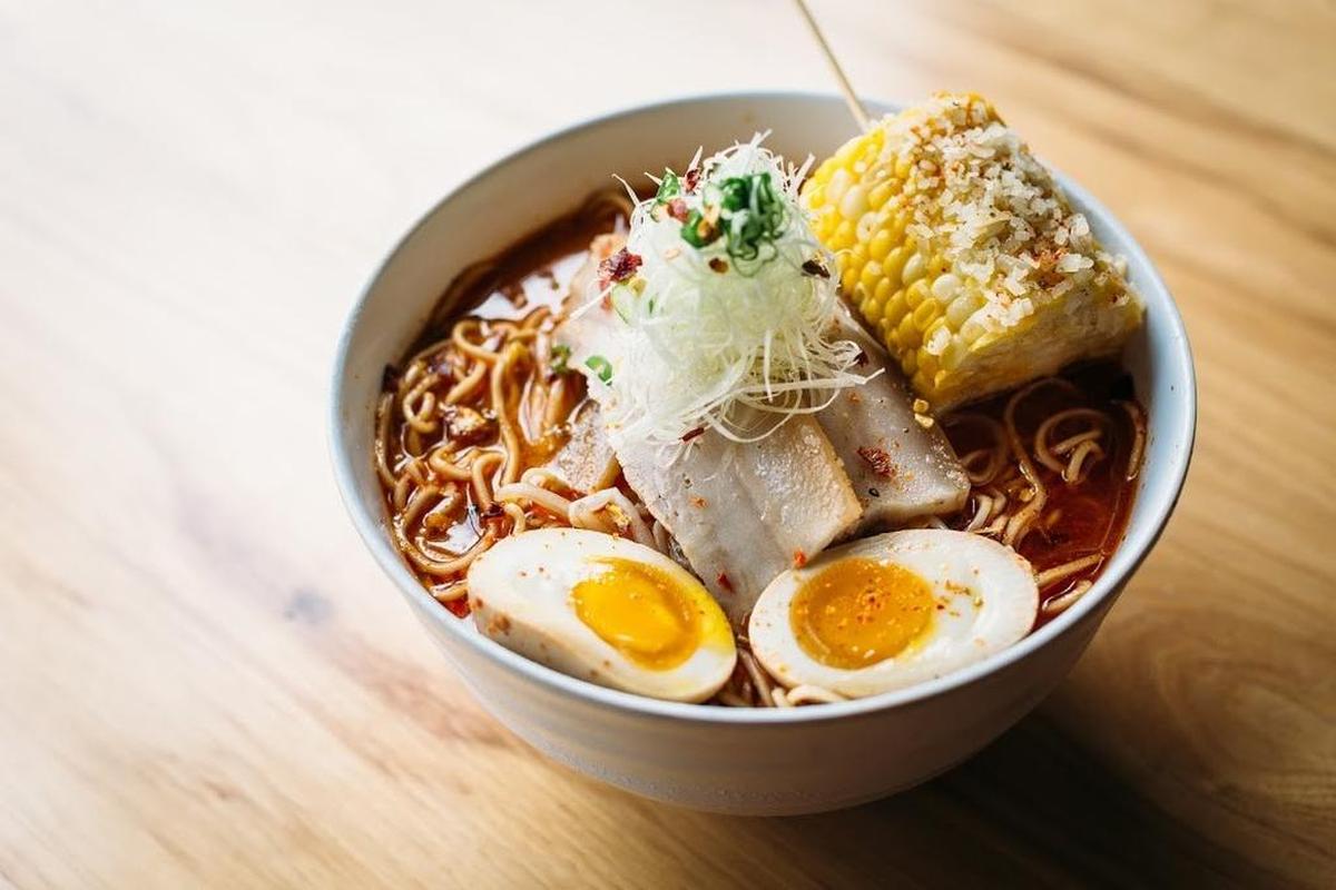 Oni Reaper (“demon-spiced miso broth with pork belly, shredded leeks, corn on the cob and soft-boiled egg) at Oni Ramen in Fort Worth