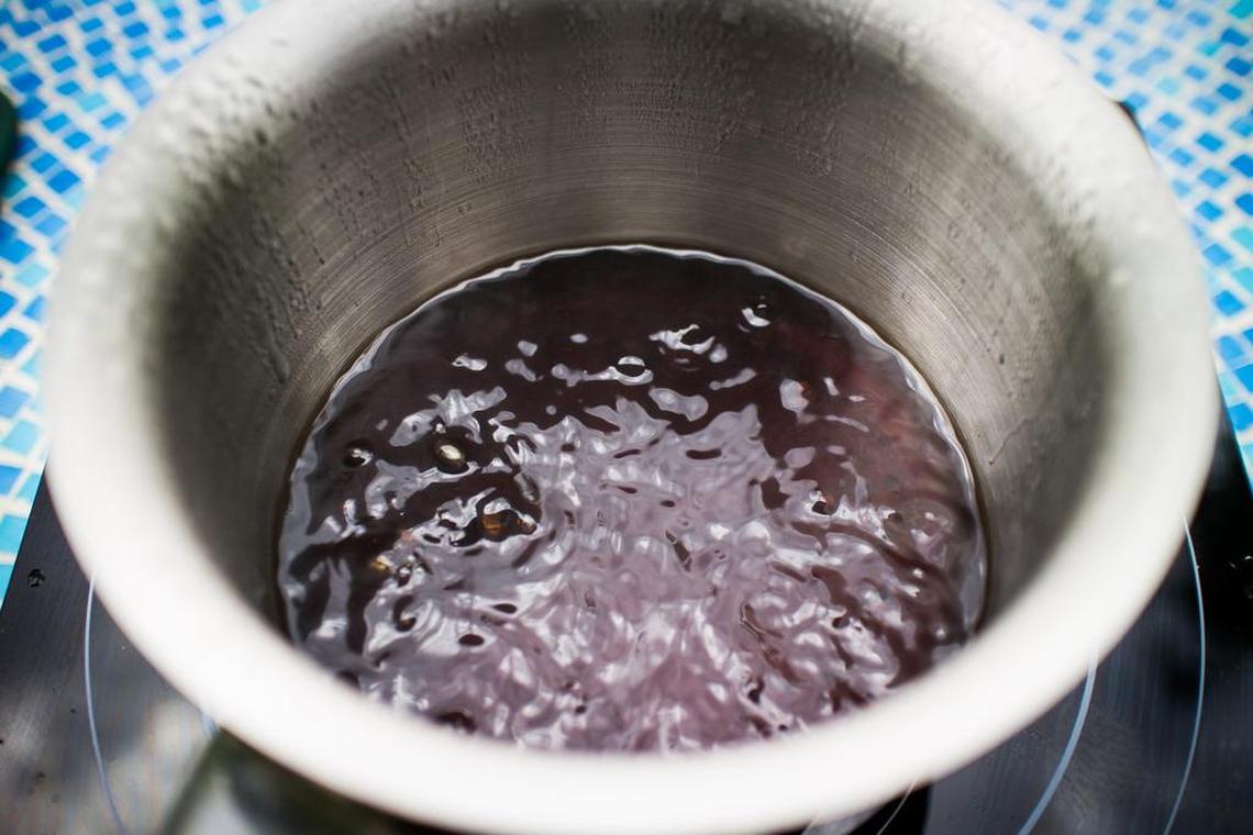 Dr. Pepper mixture being reduced for the Dr. Pepper Unagi sauce.