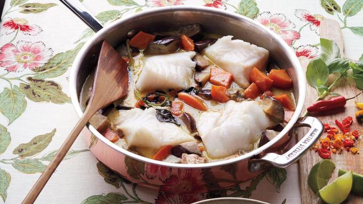 Coconut milk and green curry paste flavor a quick stew of cod, eggplant and sweet potatoes. Serve it in a pot of steamed rice.