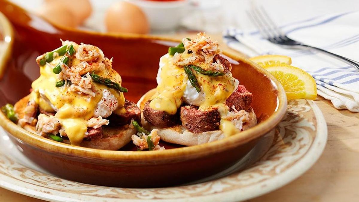 Benedict Oscar (grilled flat iron steak), poached eggs, topped with crab meat and asparagus at Another Broken Egg Cafe in Southlake
