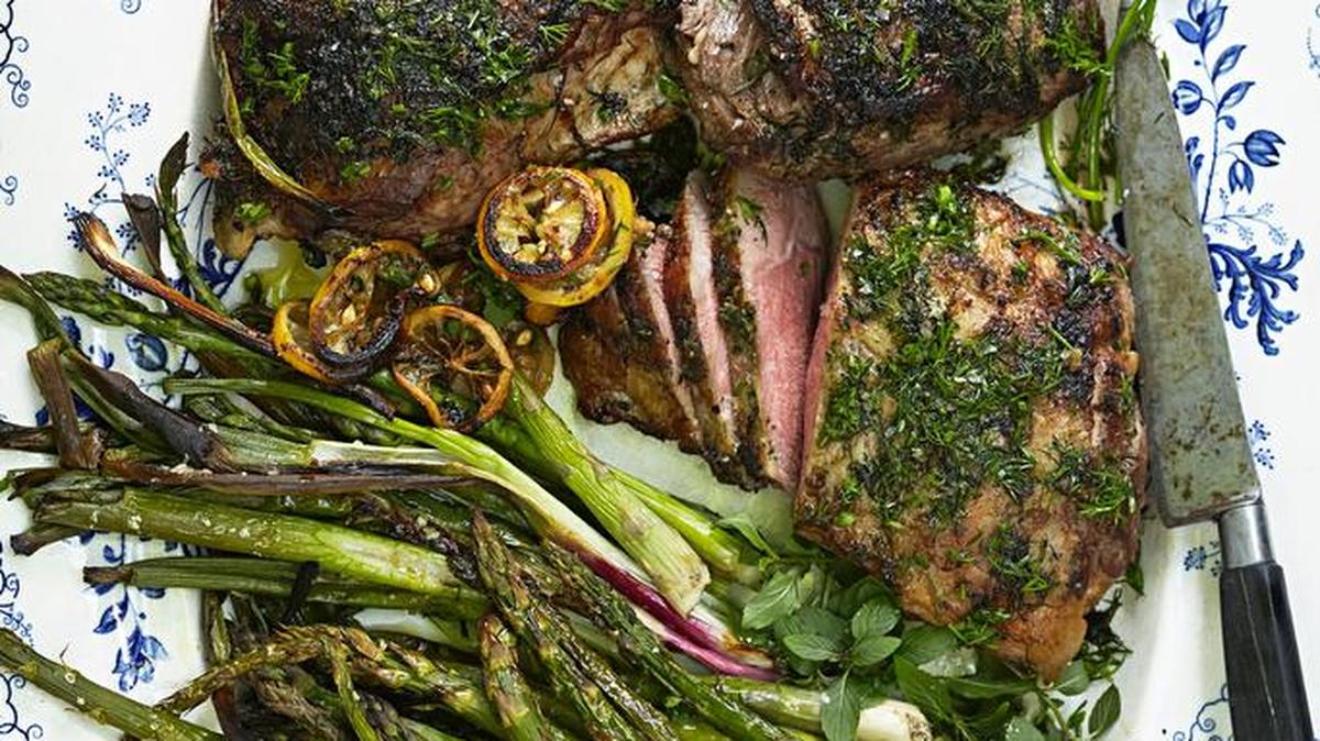 Asparagus and wild spring onions, or ramps, accompany a butterflied leg of lamb, which Boswell roasts in three pieces to ensure that each piece is cooked to a perfect medium-rare.