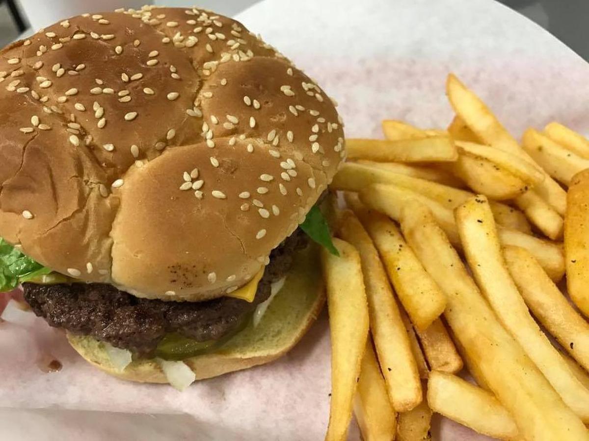 A bacon-cheeseburger and fries from Blue Tower Cafe, inside an office building on the western edge of downtown at Summit Avenue and Fifth Street in Fort Worth.