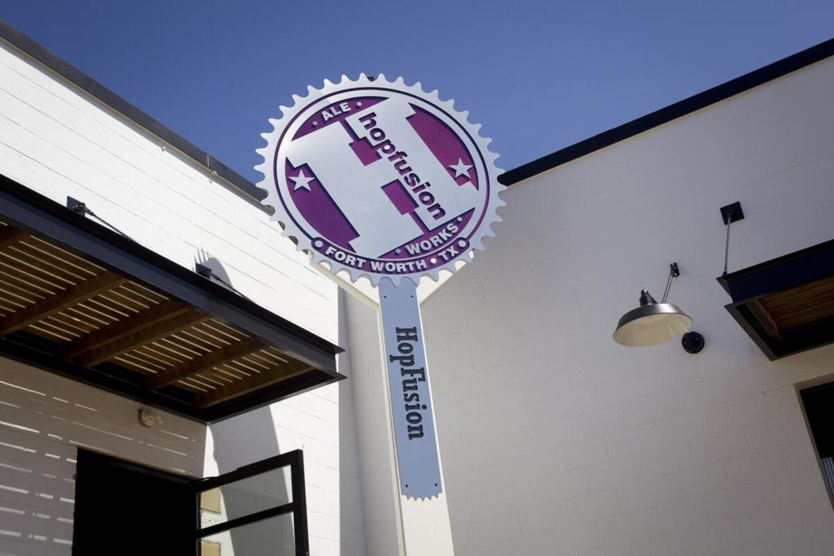 HopFusion Ale Works is opening a brewery/tap room very soon. Signage is on display.