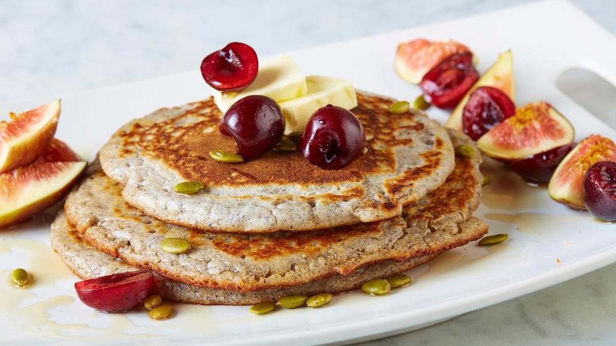
Egg pancakes with bananas and berries at Market + Table.
