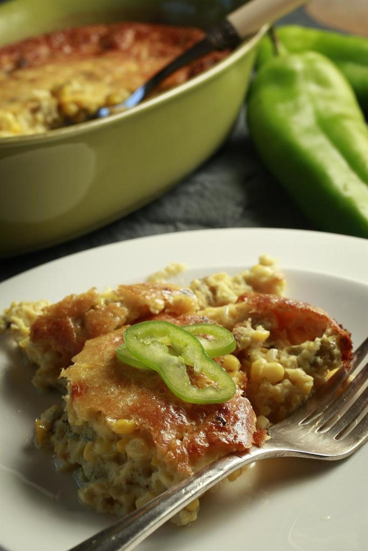 A Green-chile corn pudding for the start of the Hatch chile season, photographed on Thursday August 7, 2008. (Fort Worth Star-Telegram/Ralph Lauer)