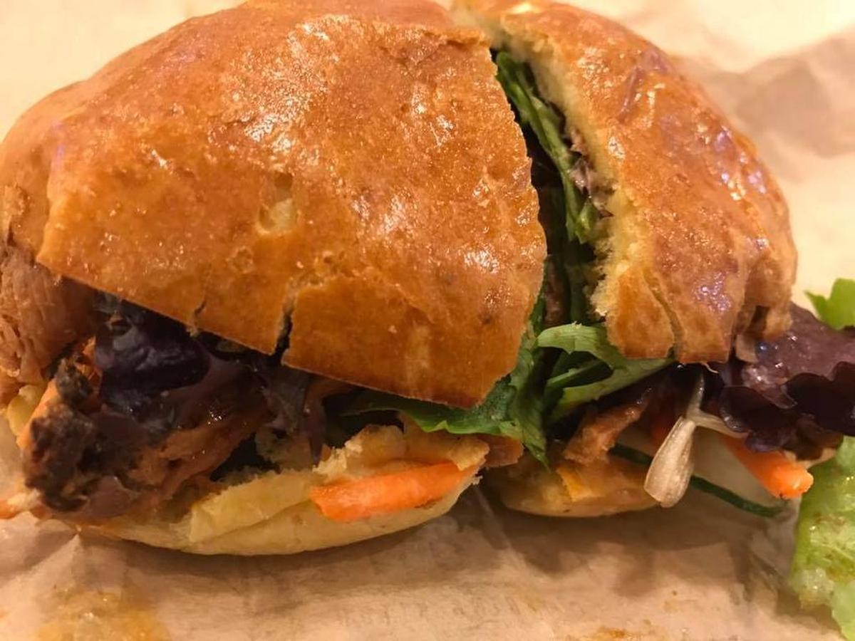 The tiger Thai beef sandwich from Alonti Cafe & Catering, which has a location in the basement of Burnett Plaza in downtown Fort Worth