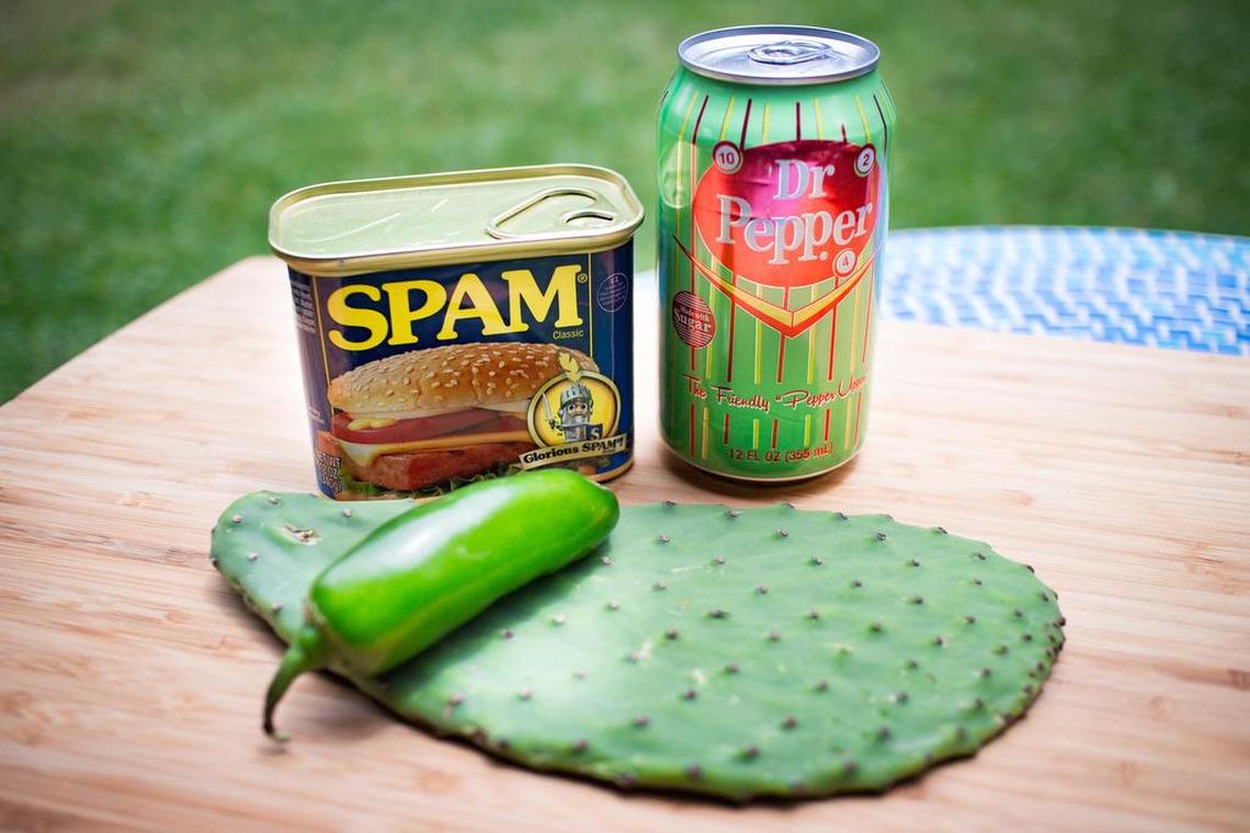 For my Spam musubi, I am adding Dr. Pepper, cactus and jalapeño to add a Texas twist on this Hawaiian snack.