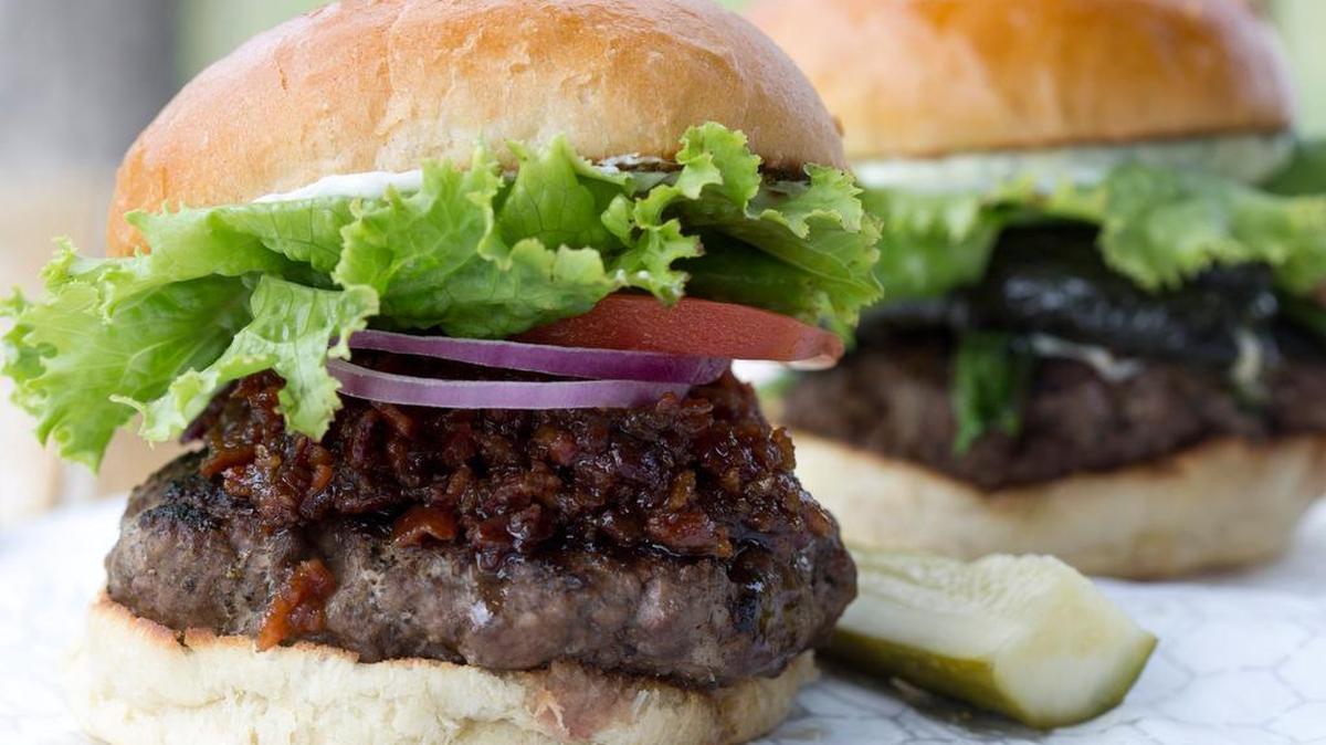 Goat cheese & bacon jam burger, grilled poblano burger at Thurber Mingus in west Fort Worth on April 9, 2015.