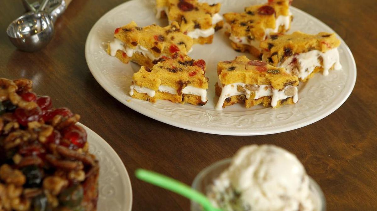 A fruitcake ice cream sandwich made by Julie Markley of Gypsy Scoops in Fort Worth.