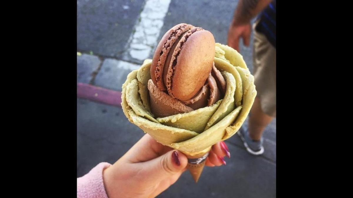 Gelato concoctions are constructed “petal by petal” at Amorino Gelato, and you can even get a macaron on top (you can also get a gelato-filled macaron).