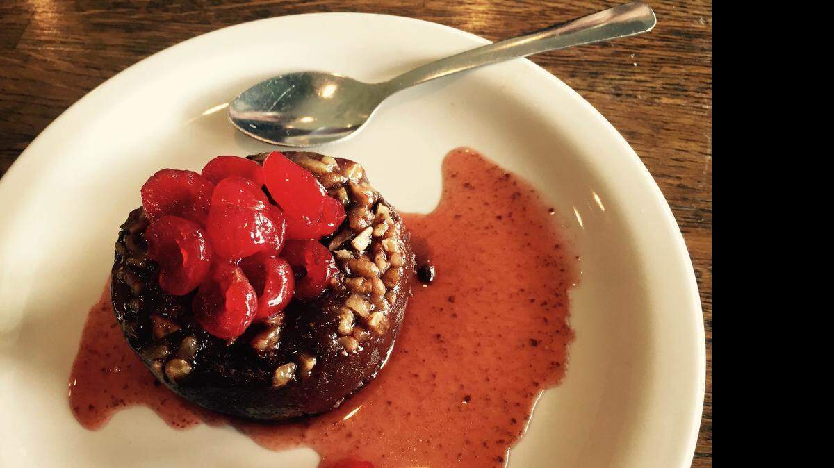 
Chocolate lava cake with homemade cherry-bourbon sauce at J.R. Bentley’s English Pub in Arlington.
