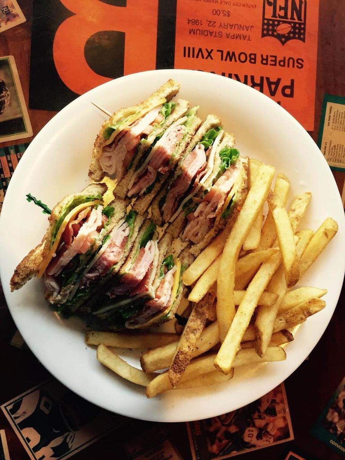 A club sandwich from the quick-lunch menu at Bobby Valentine’s Sports Gallery Cafe.