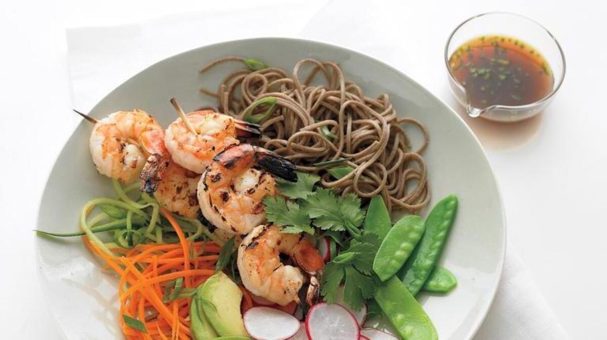 
Earthy soba noodles pair beautifully with grilled shrimp, crisp vegetables and a bright, citrusy dipping sauce.
