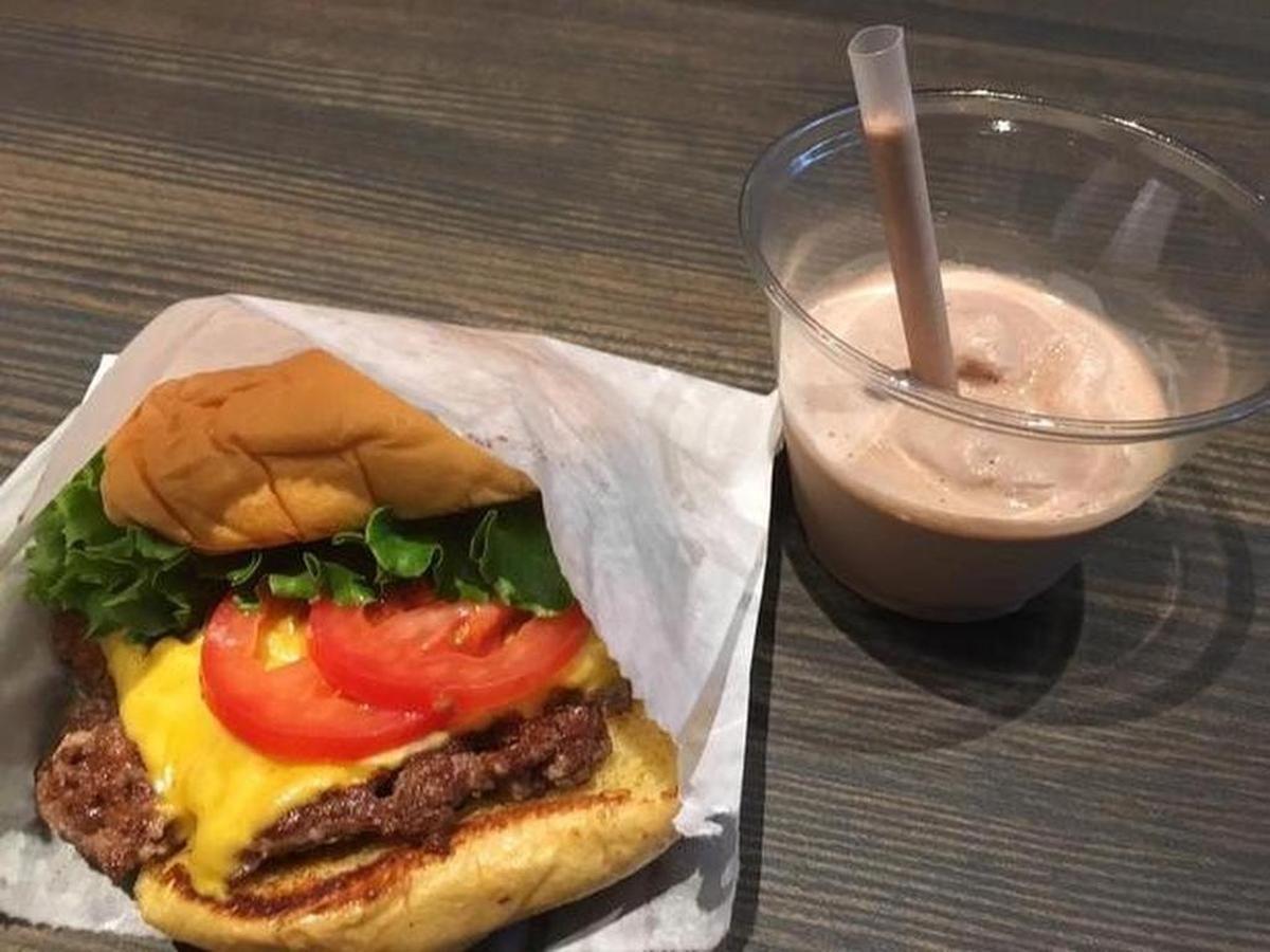Cheeseburger and chocolate shake sample at Shake Shack