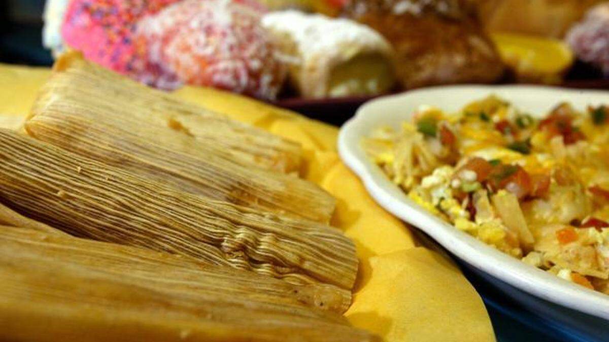 Pork tamales at Marquez Bakery, walkable from AT&T Stadium
