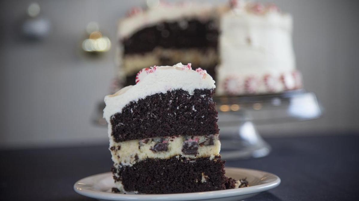 A white and dark chocolate layered cheesecake with peppermint bark at DeVivo Bros. in Keller.