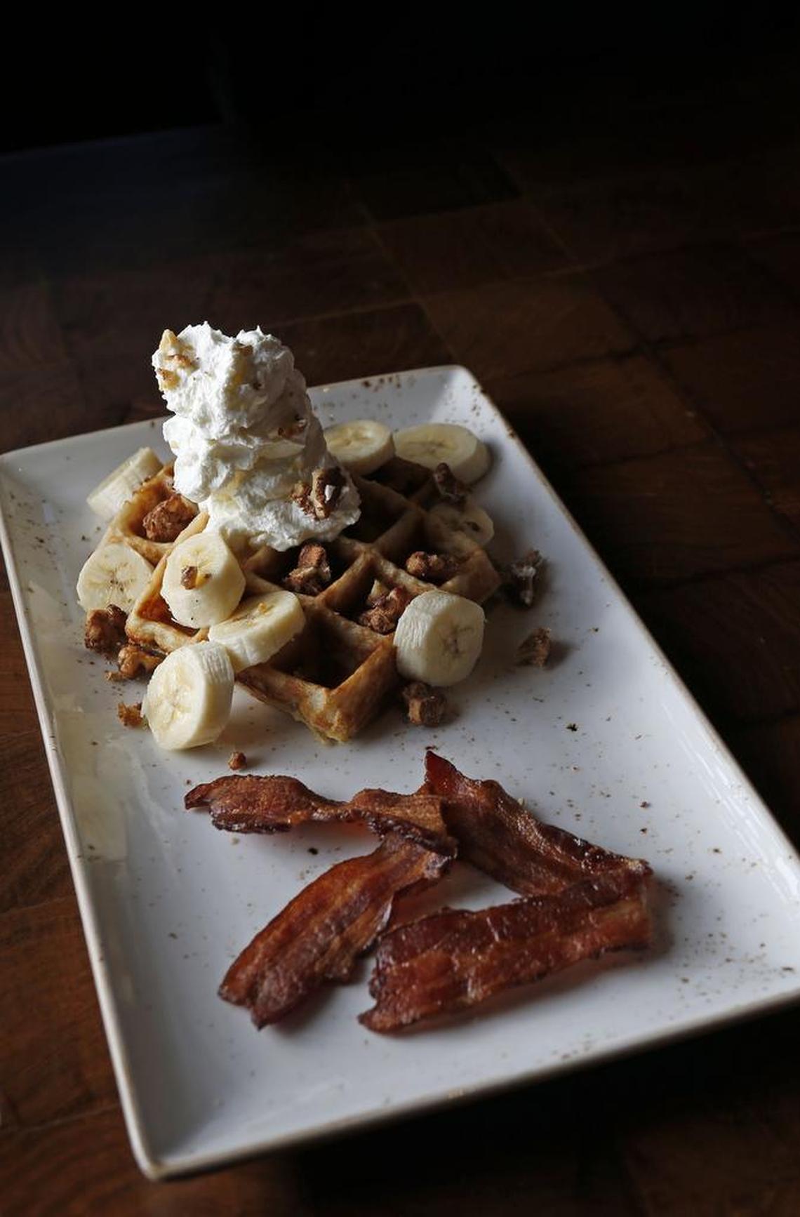 Banana waffles and bacon at Press Cafe in Fort Worth