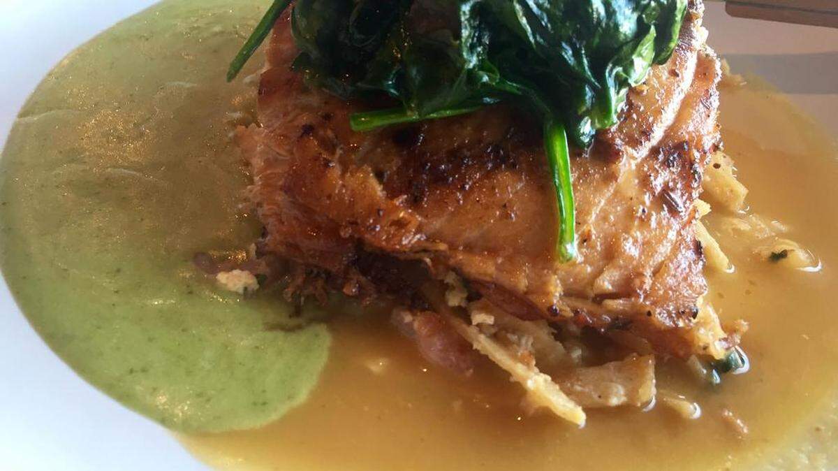 Blackened salmon with spinach and sauces at Jimadores.