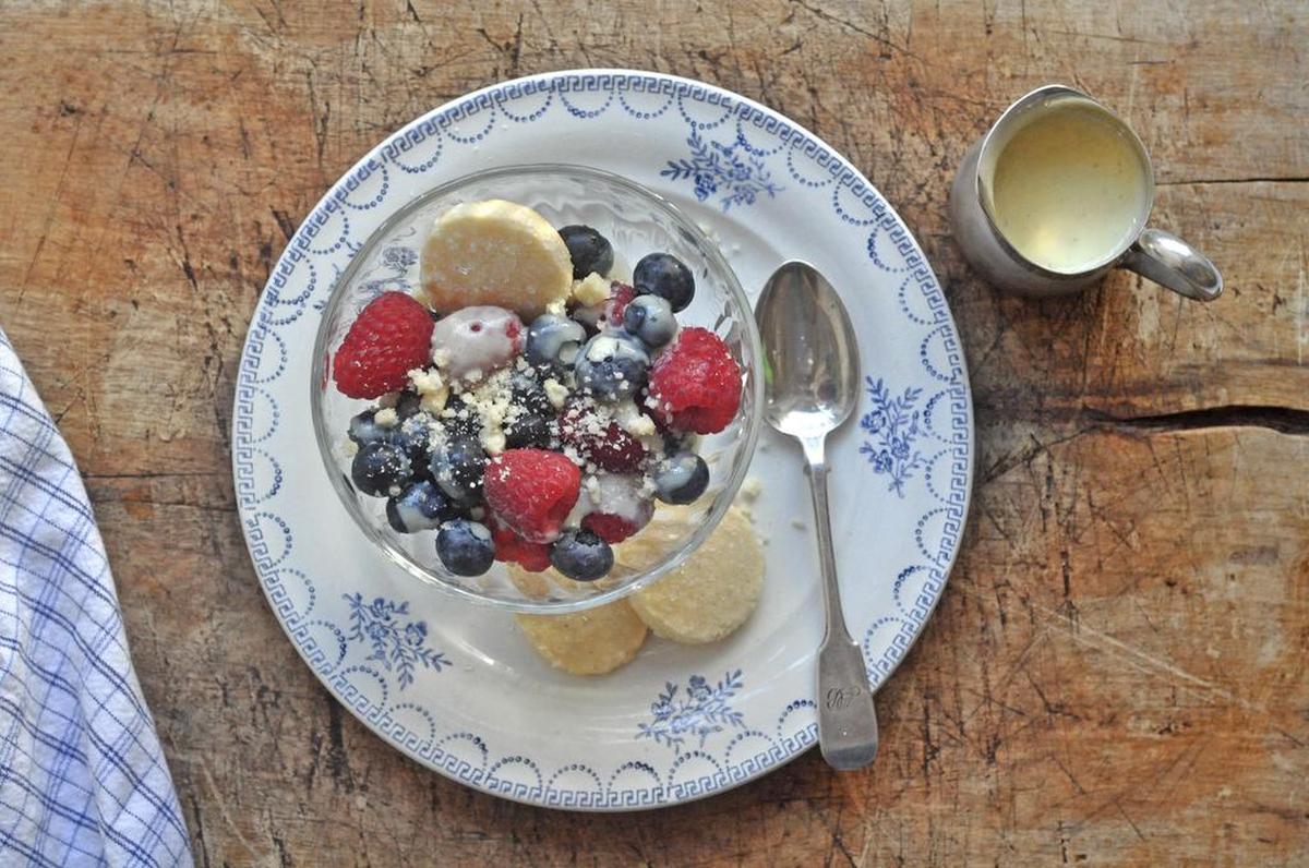 This may be the easiest and most satisfying dessert you’ll ever make — berries in a bowl with creme anglaise and shortbread cookies on the side.