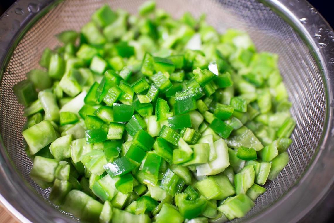 Diced nopals (cactus) for pickles. My local Walmart carries nopals already peeled and diced.