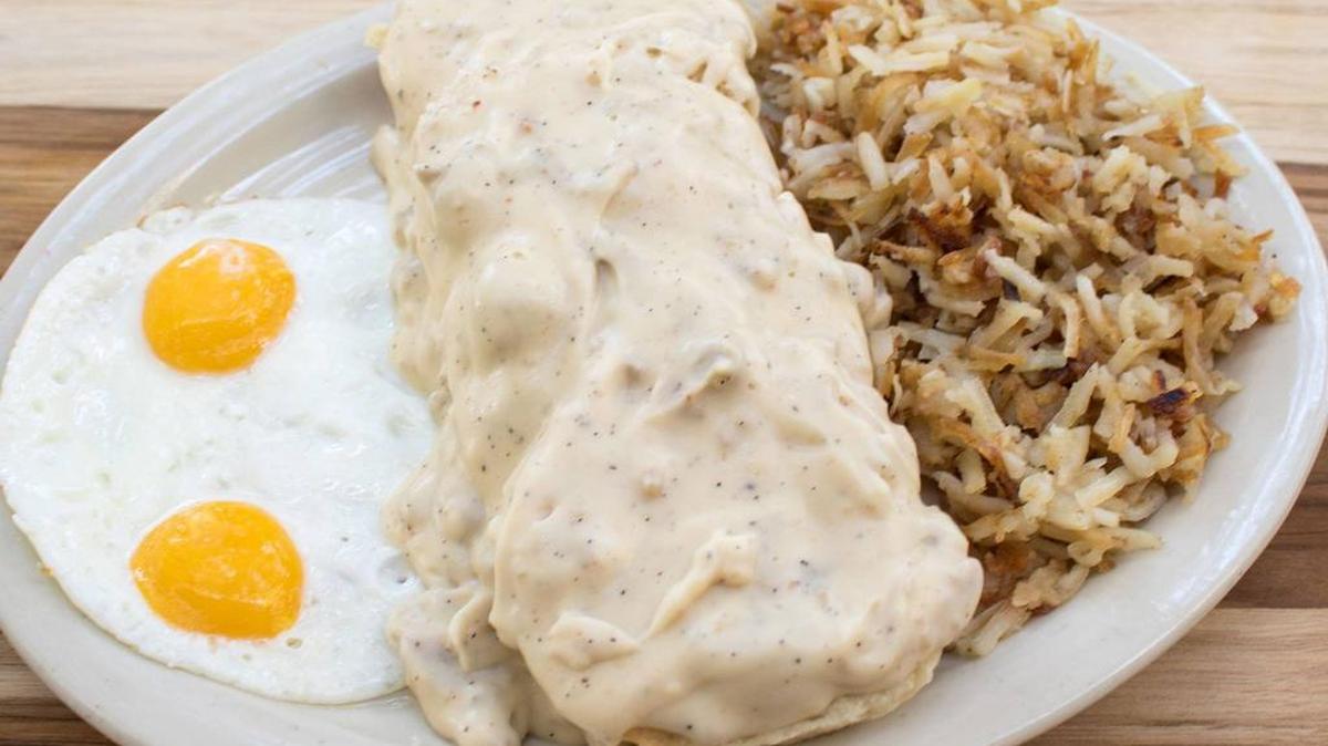 The biscuits and gravy platter is a hearty way to start the day.