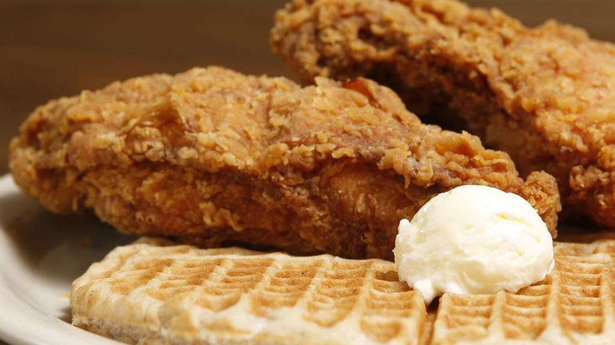 The “Try it DD” (two chicken breasts, one waffle), a larger variation on the “Betty’s Boob (one chicken breast, one waffle) at Lo-Lo’s Chicken & Waffles in Southlake