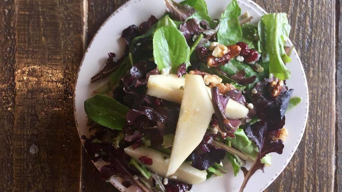 A pear-walnut-blue cheese salad at Mariposa’s Latin Kitchen in Fort Worth.