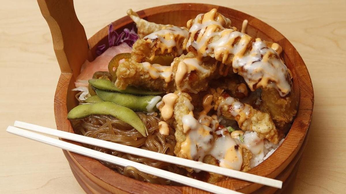 The K-Pop bowl at Namoo Korean Bowl in North Richland Hills: deep- fried chicken with sweet teriyaki and spicy mayo.