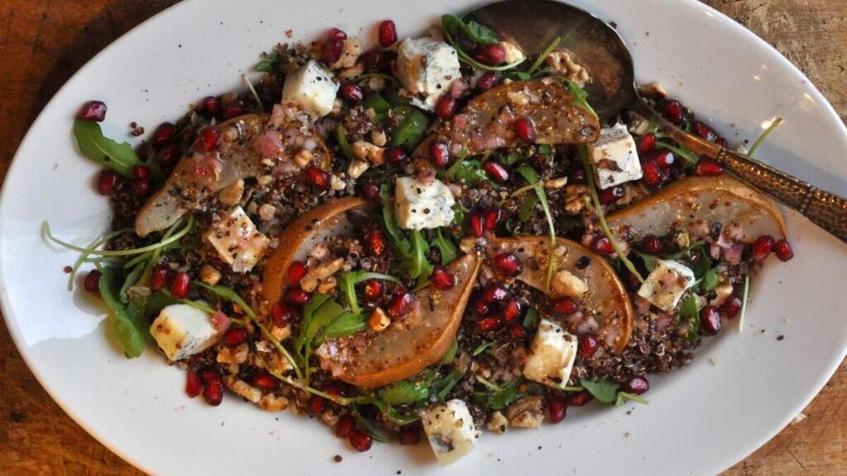 A salad that pays tribute to all things we love about fall – roasted pears, arugula, quinoa, Gorgonzola, walnuts – what’s not to like?