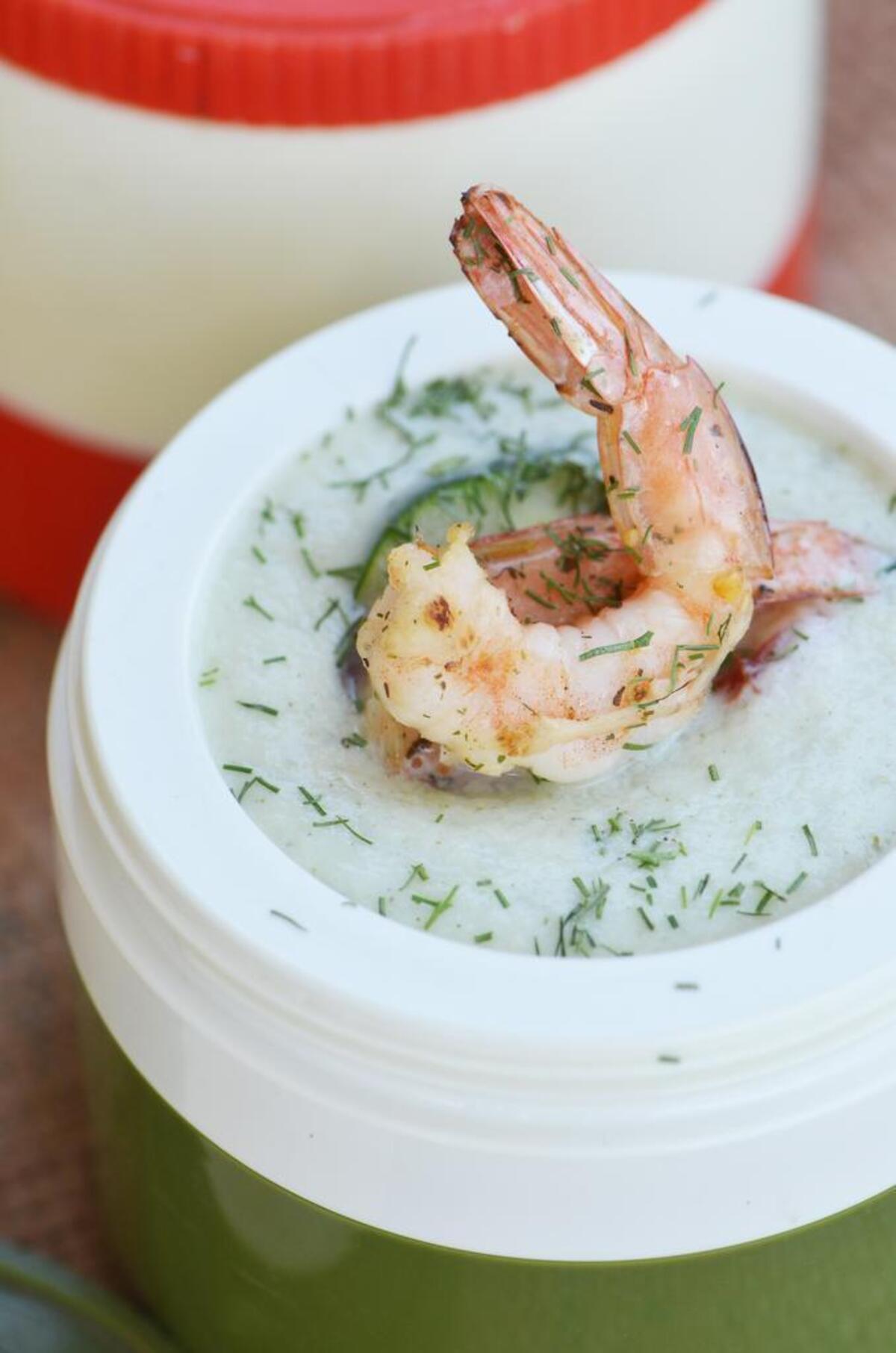 A cool treat: cucumber-dill soup, topped off with grilled shrimp.