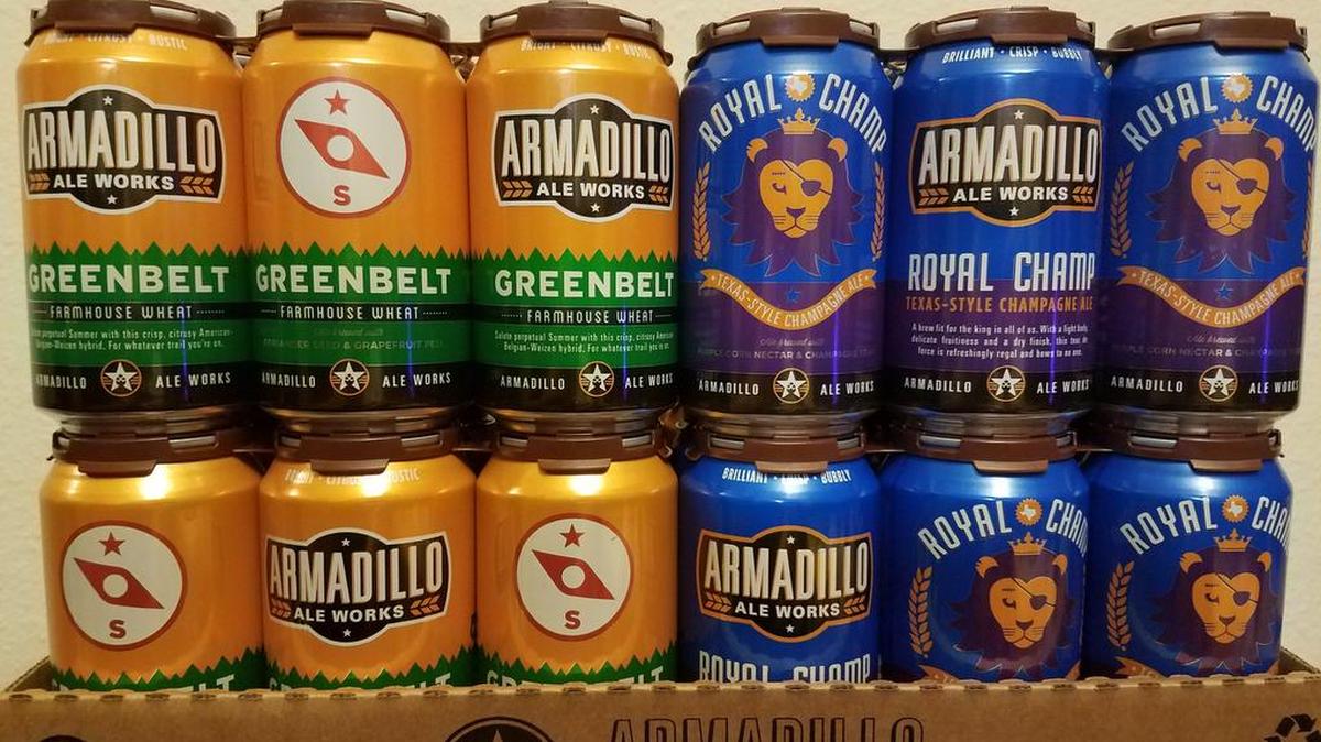 Armadillo Ale Works’ Greenbelt Farmhouse Wheat, left, and its newest brew, Royal Champ