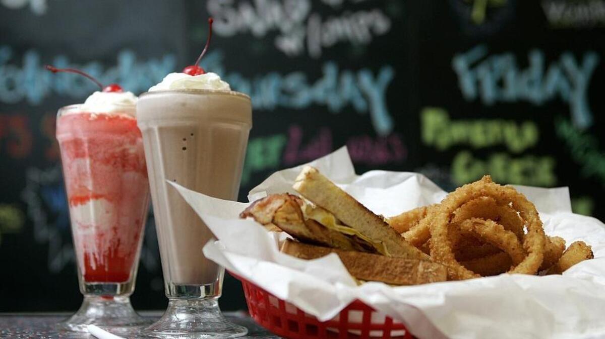 A cherry soda, chocolate shake and Hank Williams Sandwich at Big State Fountain Grill in Irving.