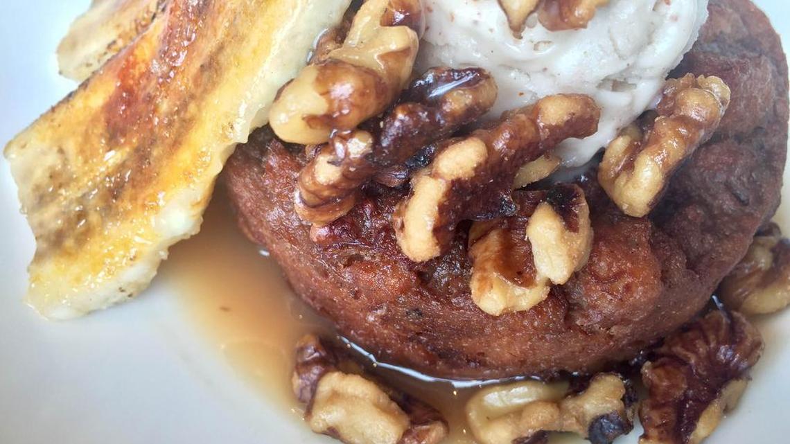 Banana-bread pudding with almond-milk ice cream at HG Sply Co.