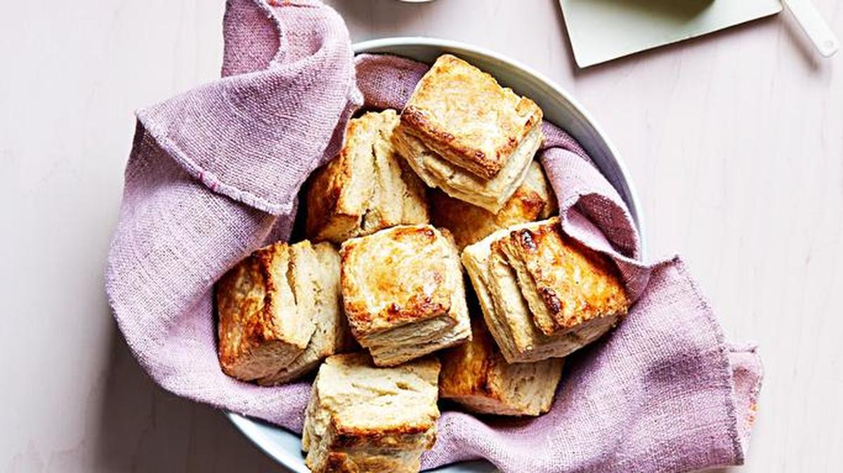 Biscuits can be formed, loosely covered and stored in the fridge the night before. Brush the tops with buttermilk just before baking.