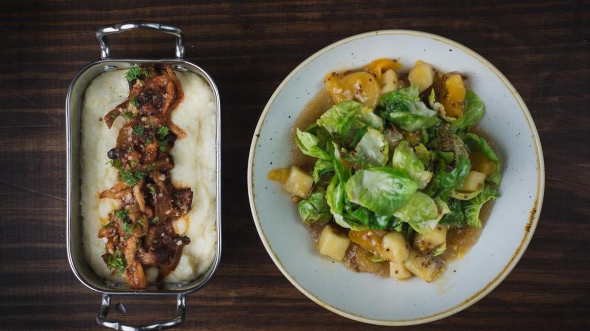 Homestead heritage grits, left, and Brussels sprouts leaves at Wayward Sons in Dallas