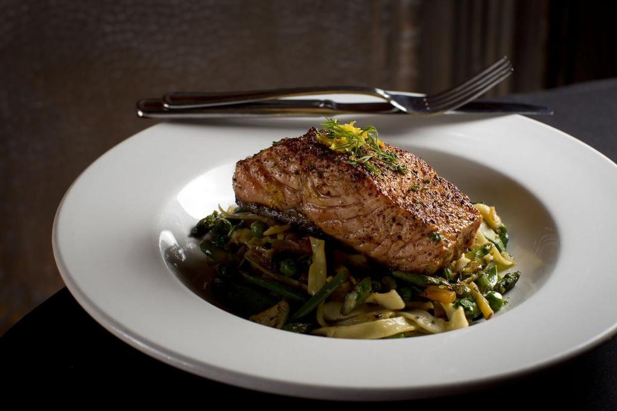 Salmon with spring vegetables and house-made fettuccine