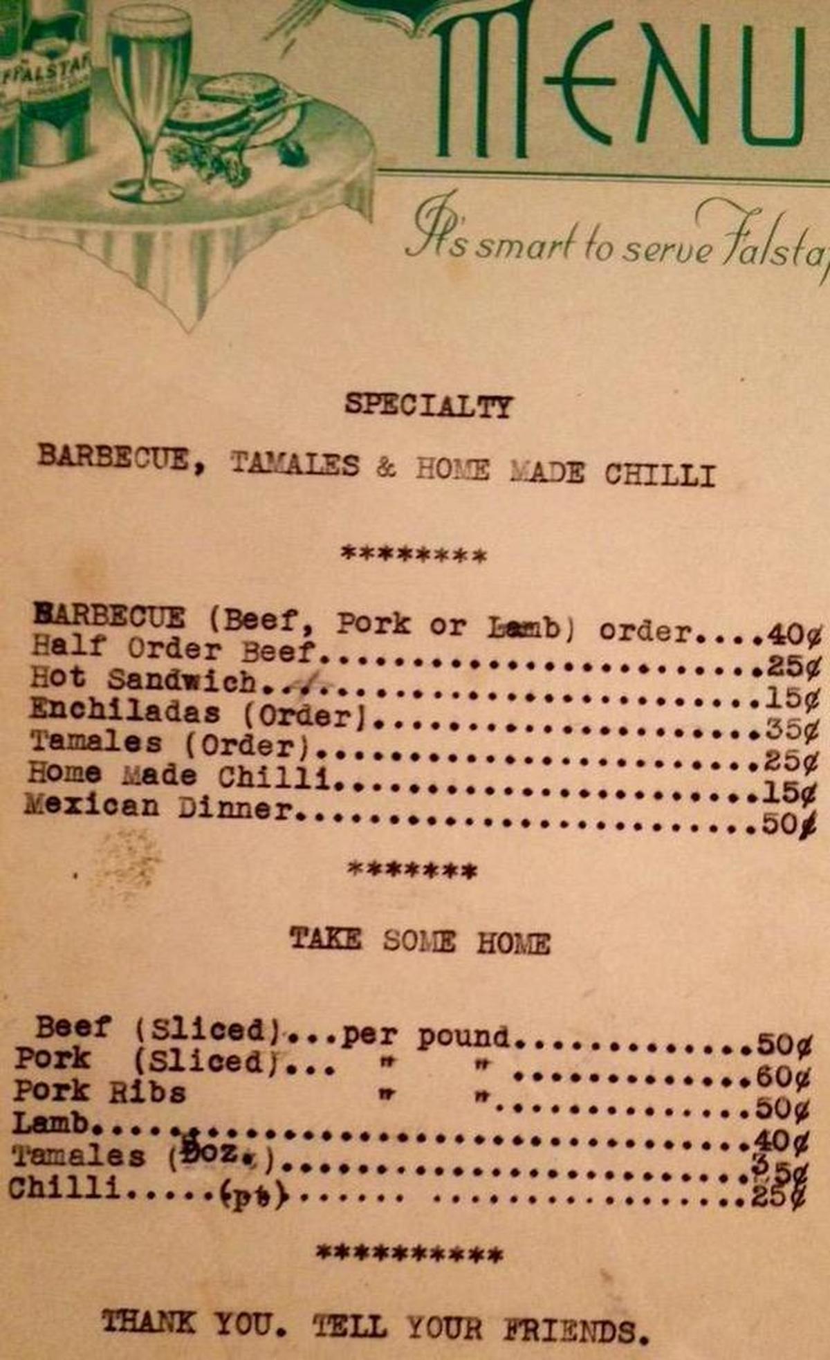 An early Joe T.’s menu shows the restaurant began as a barbecue cafe.