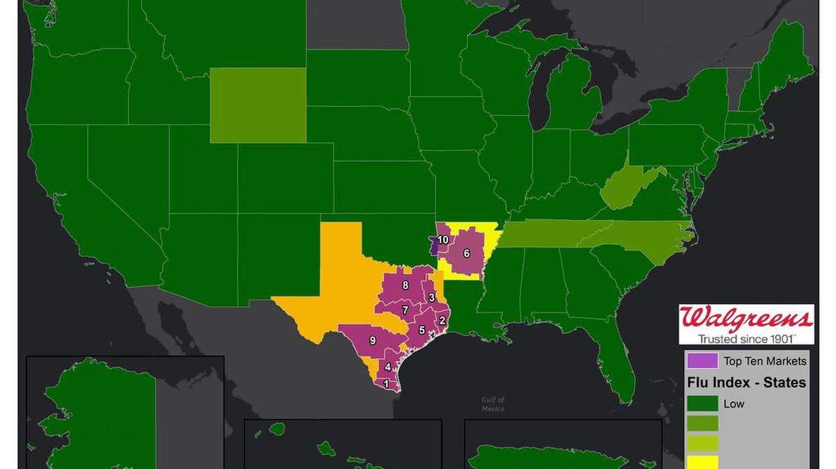 The Dallas-Fort Worth was one of the top 10 cities for flu activity in December, according to Walgreens. The states of Texas dominated the list with 8 cities in the top 10.