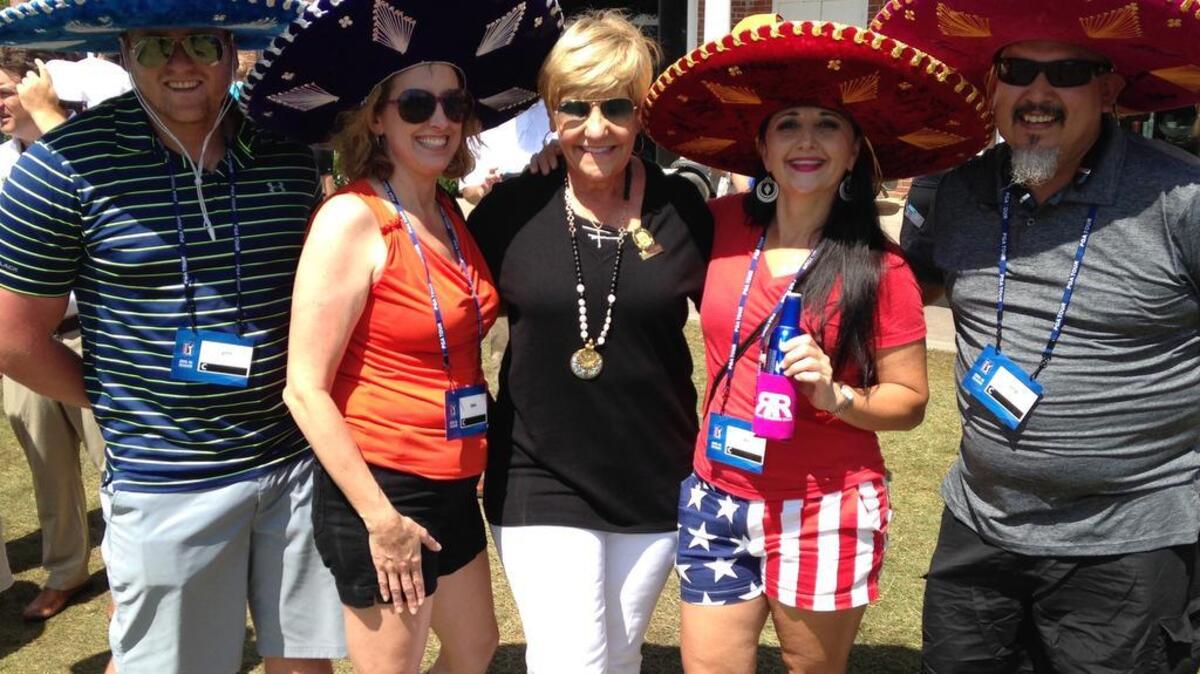 Hat pack: We’re suckers for sombreros. So when we spotted four friends wearing them, and they invited Fort Worth Mayor Betsy Price to join their fiesta behind the 17th tee box, well, we couldn’t resist. Mucho! From left: Reece Bierhalter, Melissa Craig, Betsy Price, Roxane Lanclos, and Jaime Esquivel.