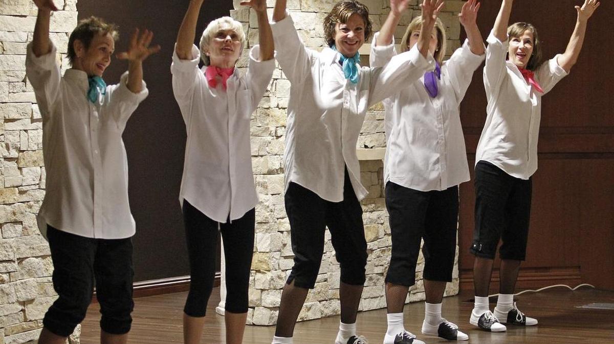 Kay Ward, Dee Grant, Theresa Vella, Debbie Ulrickson and Cecilia Van Donselaar perform a 50s routine during a recent Taps 'N Tunes performance.