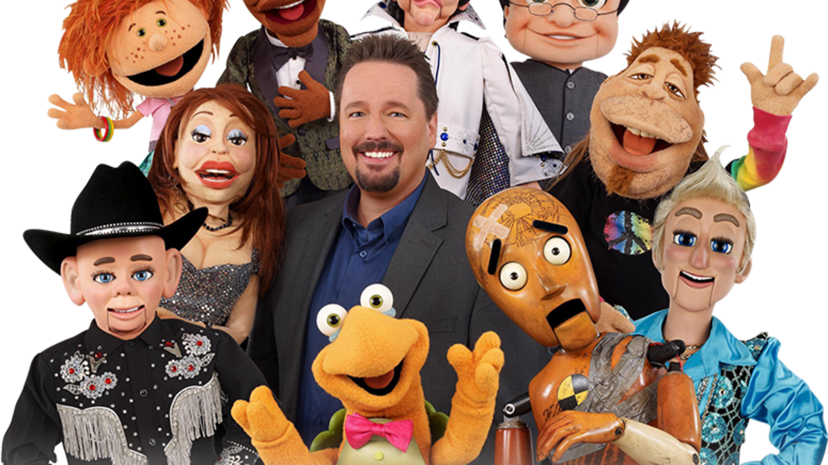 Terry Fator and, front row from left: Walter T. Airedale, Winston the Impersonating Turtle, Wrex the Crash Test Dummy; middle row: Vikki the Cougar, Fator, Duggie Scott Walker; back row: Emma Taylor, Julius, Maynard Tompkins and Hyphen.