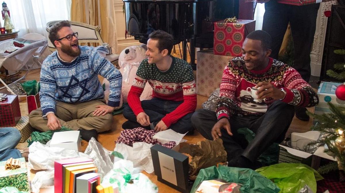 Seth Rogen, Joseph Gordon-Levitt and Anthony Mackie, from left, in “The Night Before”