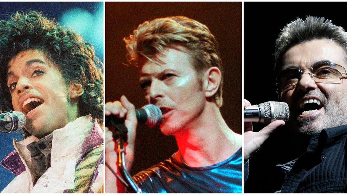 This photo combination shows performances by pop music icons, from left, Prince in 1985, David Bowie in 1995, and George Michael in 2008. The entertainers were among a number of influential entertainers, sports stars and political figures who died in 2016.