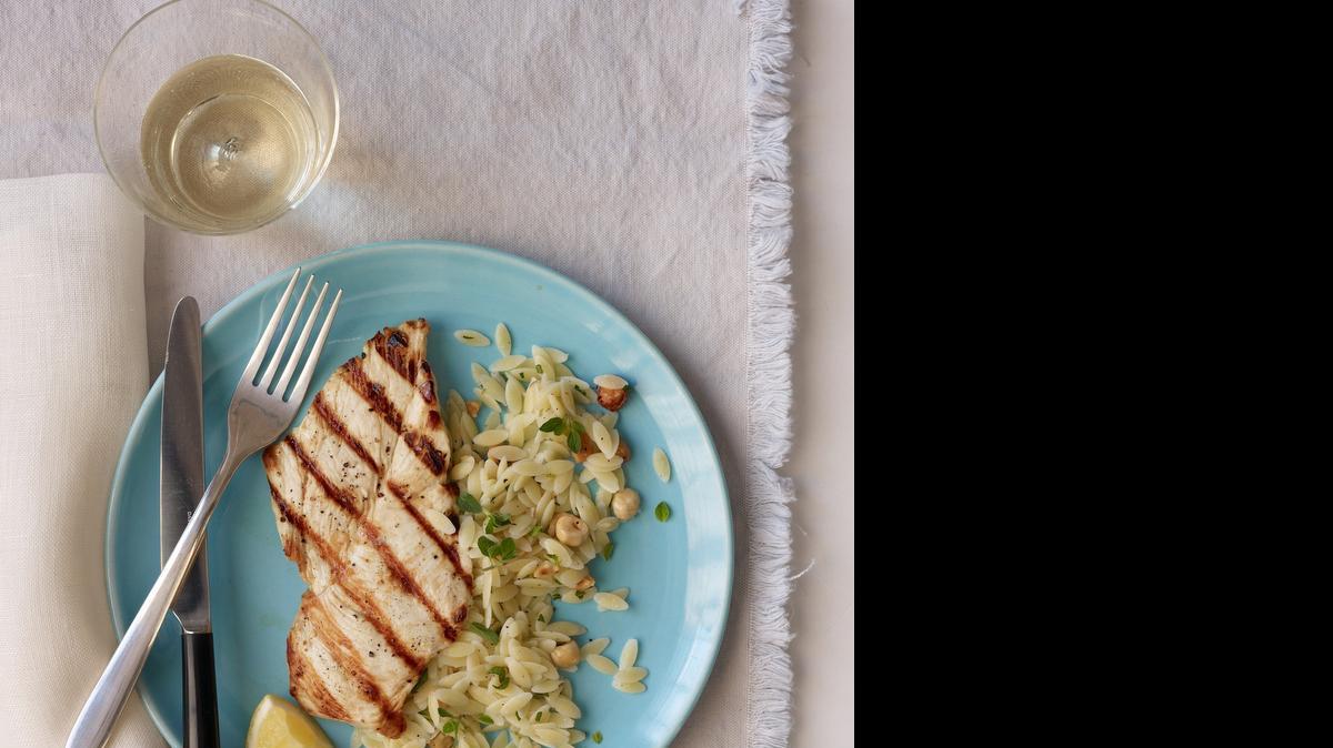 
 Seared Salmon Fillets With Bulgur: Salmon is a great source of omega-3 fatty acids, and bulgur is a whole grain. Both are recommended for overall health.

