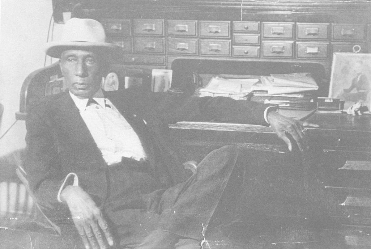 This is a copy of a photo of William “Gooseneck Bill” Madison McDonald on display at the Fort Worth Public Library in downtown Fort Worth. He is described by historians as Texas’ first African-American millionaire.